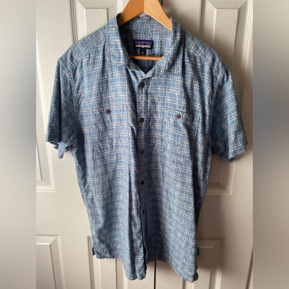 patagonia Back Step Blue Gray Plaid Hemp Blend Short Sleeve Button Up Shirt L